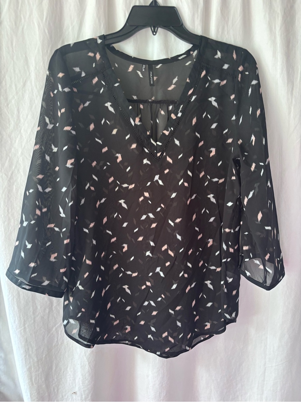 Maurices Black Sheer V-Neck Blouse with Pink and White Accent Print